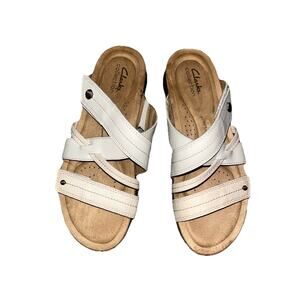 Clarks Womens April Willow Faux Leather Strappy‎ Slide Sandals Shoes 8.5M White